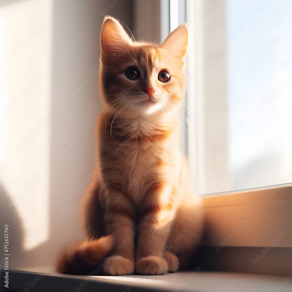 Small reddish-colored cat sunbathes sitting near a window