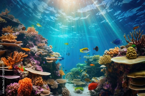 Tropical sea underwater fishes on coral reef. Aquarium oceanarium wildlife colorful marine panorama landscape nature snorkel diving ,coral reef and fishes © Nognapas