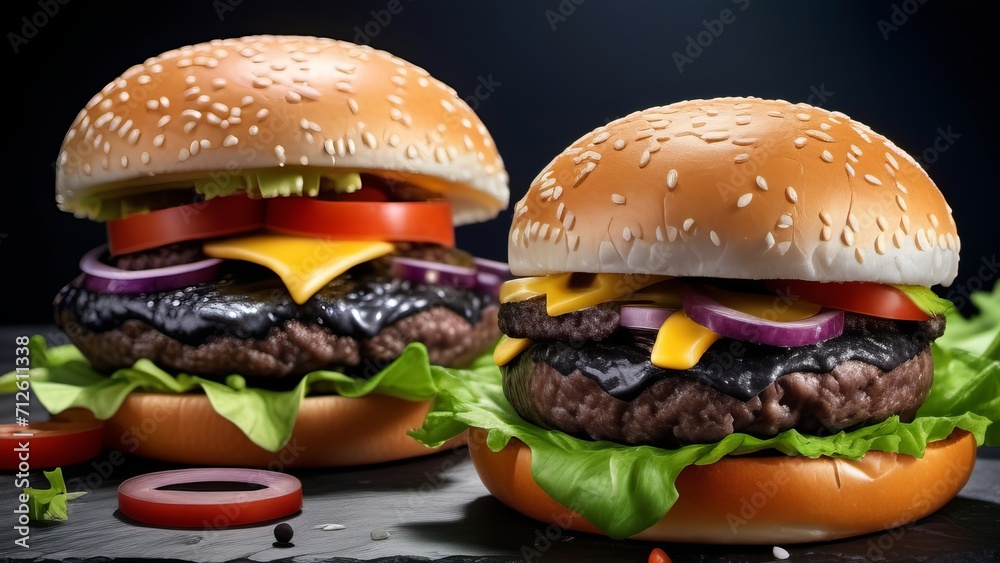 two hamburgers on black background ai generated two hamburgers on black background ai generated