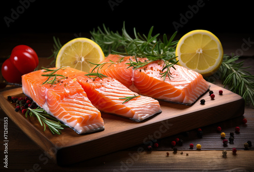 salmon slices and lemon cut with herbs