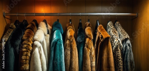  a closet filled with lots of coats and coats hanging from a metal bar in front of a wooden wall with a light shining on the wall behind the coat rack. photo