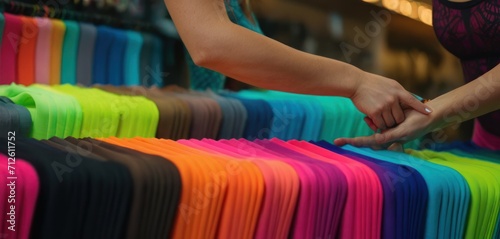  a woman standing in front of a rack of different colored shirts with her hands on top of each of the rows of shirts that are lined up in a row.