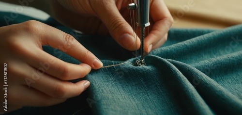  a close up of a person working on a piece of cloth with a sewing machine in the foreground and a hand holding a needle in the middle of the fabric. photo