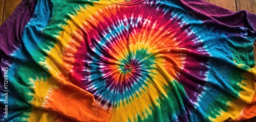  a multicolored tie - dyed t - shirt laying on top of a wooden floor with a pair of scissors in the middle of the tie - dyed t - shirt. photo
