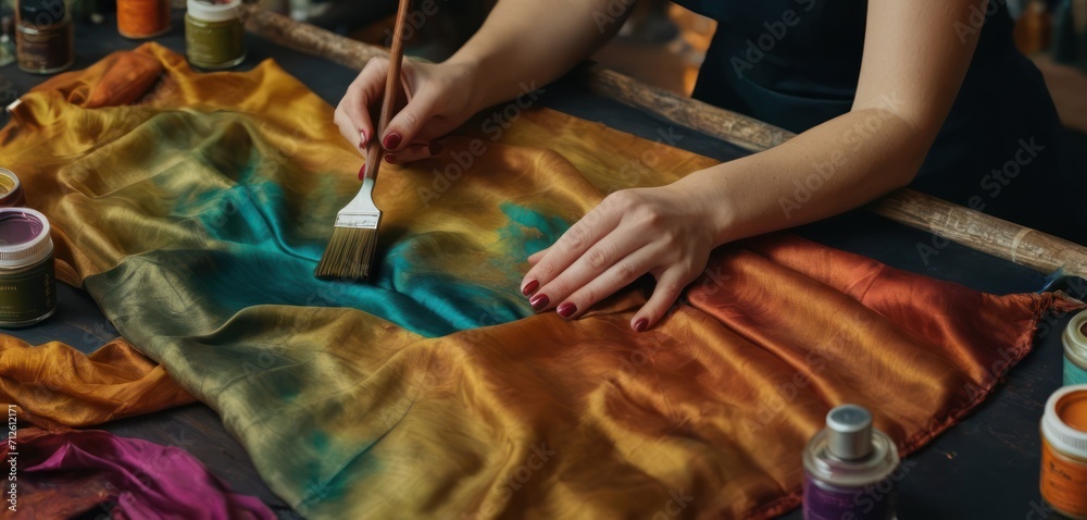  a woman is painting with a brush on a piece of cloth with other paint and a brush in one hand and a brush in the other hand of the other hand. - obrazy, fototapety, plakaty 