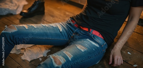  a woman is sitting on the floor wearing ripped jeans and a black t - shirt with a red belt around her waist and a pair of black high heeled shoes.