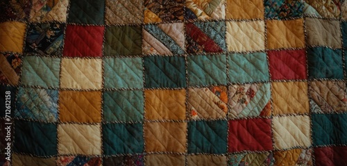  a close up of a quilt on a bed with a red, yellow, blue, and green checkerboard design on the back of the quilt and the top of the quilt.