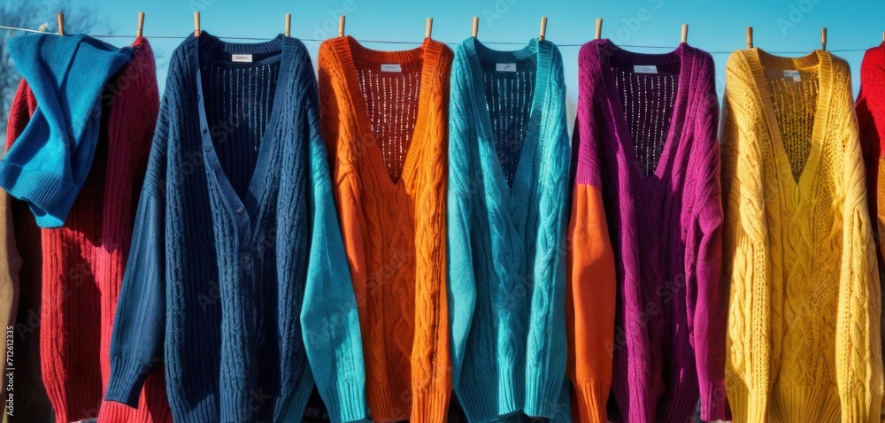  a row of sweaters hanging on a clothes line with clothes hanging on a clothes line in front of a blue sky and a line of clothes hanging on a clothes line.