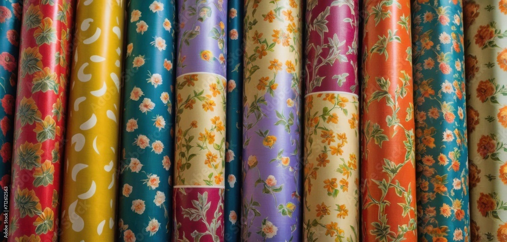 a close up of a bunch of different types of wrapping paper on a table with flowers on it and a clock on the side of the wall in the background. a close up of a bunch of different types of wrapping paper on a table with flowers on it and a clock on the side of the wall in the background.