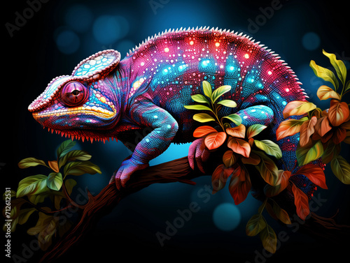 illustration of realistic multicolored chameleon with iridescent skin in speckles sitting on branch of a bush over black background  © Business Pics