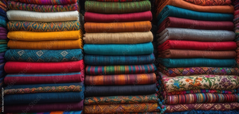 a bunch of colorful fabrics are stacked on top of each other in a large display case on the floor of a store in front of a large number of them. a bunch of colorful fabrics are stacked on top of each other in a large display case on the floor of a store in front of a large number of them.