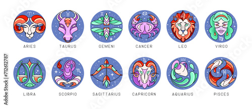 Set of modern cartoon astrology zodiac signs isolated on white background. Set of Zodiac icons. Vector illustration