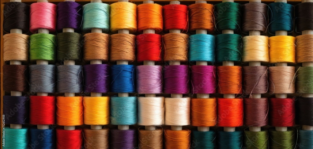 a bunch of spools of thread sitting on top of a wooden box filled with lots of different colors of spools of spools of thread. a bunch of spools of thread sitting on top of a wooden box filled with lots of different colors of spools of spools of thread.