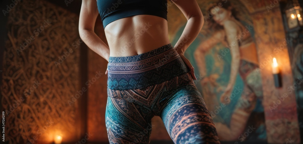  a woman in a sports bra top and patterned leggings stands in front of a wall with a painting of a woman's head and hands on it. - obrazy, fototapety, plakaty 