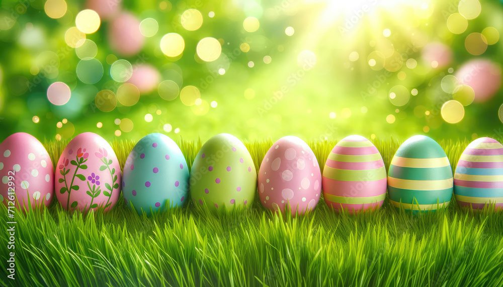 Easter eggs on green grass on a sunny spring day - Easter background with copy space for text