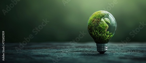 Light bulb with green world map on natural backgound represents renewable energy.Green energy,energy saving concept. AI generated illustration