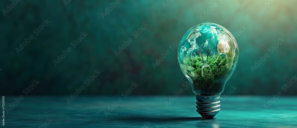 Light bulb with green world map on natural backgound represents renewable energy.Green energy,energy saving concept. AI generated illustration - obrazy, fototapety, plakaty 