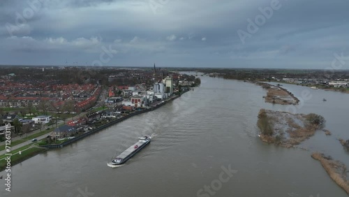 Aerial view on Kampen city at the river Ijssel whith flooded floodplains during winter in Overijssel, Netherlands photo