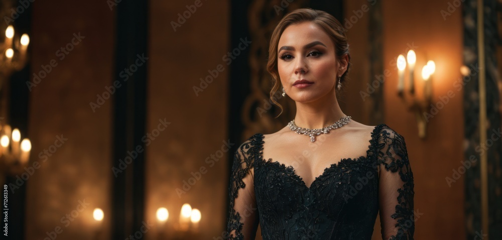 a woman in a black dress standing in front of a chandelier with candles on either side of her and wearing a choker with a diamond necklace on her neck. a woman in a black dress standing in front of a chandelier with candles on either side of her and wearing a choker with a diamond necklace on her neck.