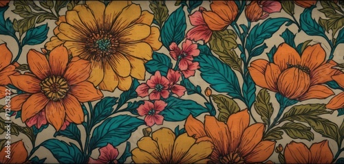  a close up of a floral wallpaper with orange and pink flowers on a white background with green leaves and flowers on the bottom half of the wall and bottom half of the wall.