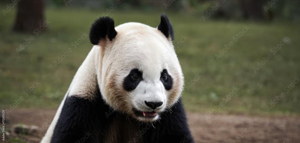 a close up of a panda bear on a dirt ground with grass in the back ground and trees in the back ground and grass in front of the back ground. a close up of a panda bear on a dirt ground with grass in the back ground and trees in the back ground and grass in front of the back ground.