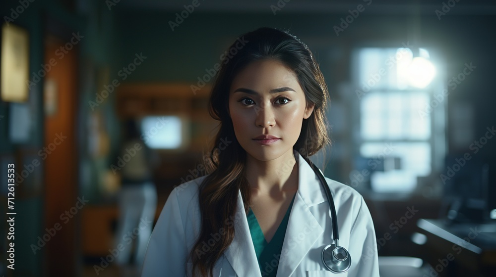 A close-up portrait of an Asian female doctor, radiating compassion and professionalism A close-up portrait of an Asian female doctor, radiating compassion and professionalism