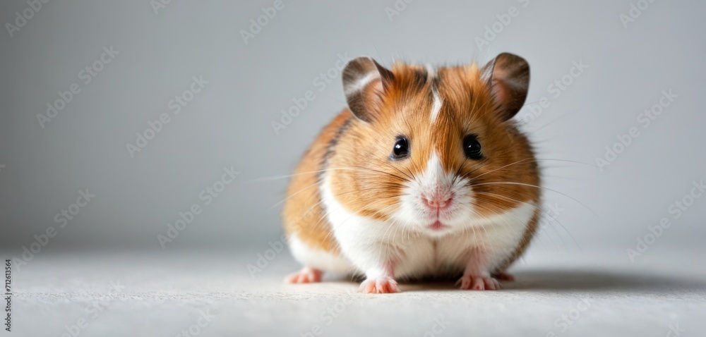 a brown and white hamster sitting on top of a white floor in front of a gray background and looking at the camera with a curious look on its face. a brown and white hamster sitting on top of a white floor in front of a gray background and looking at the camera with a curious look on its face.