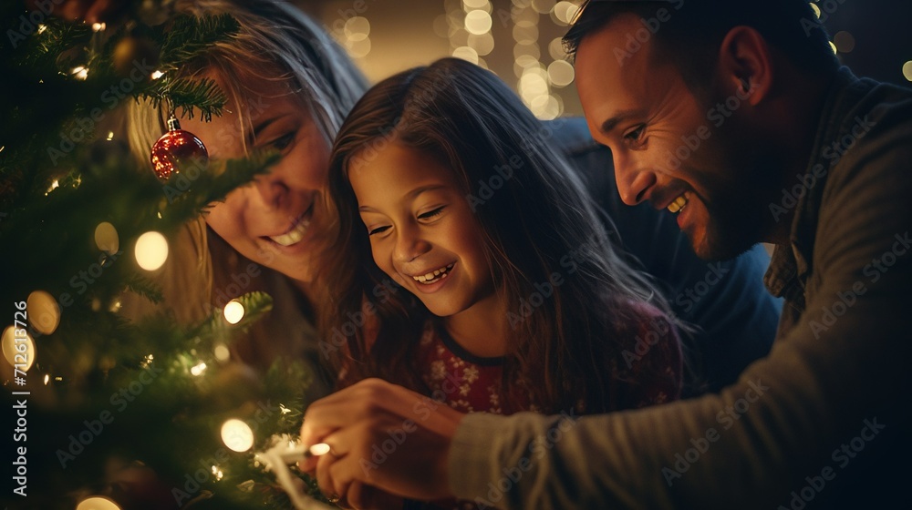 A close-up portrait of a family sharing laughter and joy while decorating a beautifully lit Christmas tree A close-up portrait of a family sharing laughter and joy while decorating a beautifully lit Christmas tree