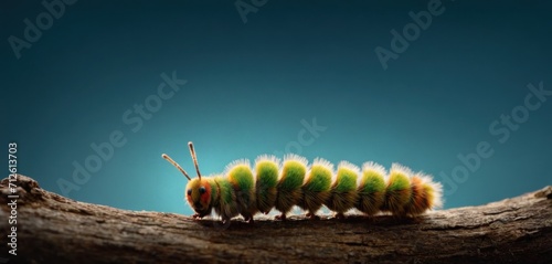  a close up of a caterpillar on a branch with a blue sky in the background of the image is a bright green and yellow caterpillarl. © Jevjenijs