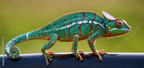  a close up of a green and white chamelon on a metal rail with grass in the back ground and a blurry background of a blurry background.