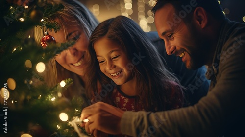 A close-up portrait of a family sharing laughter and joy while decorating a beautifully lit Christmas tree