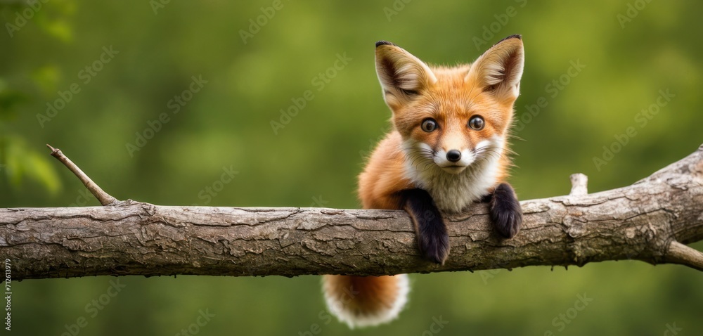 a red fox sitting on top of a tree branch with its paws on the branch and looking at the camera, with a blurry background of trees in the background.