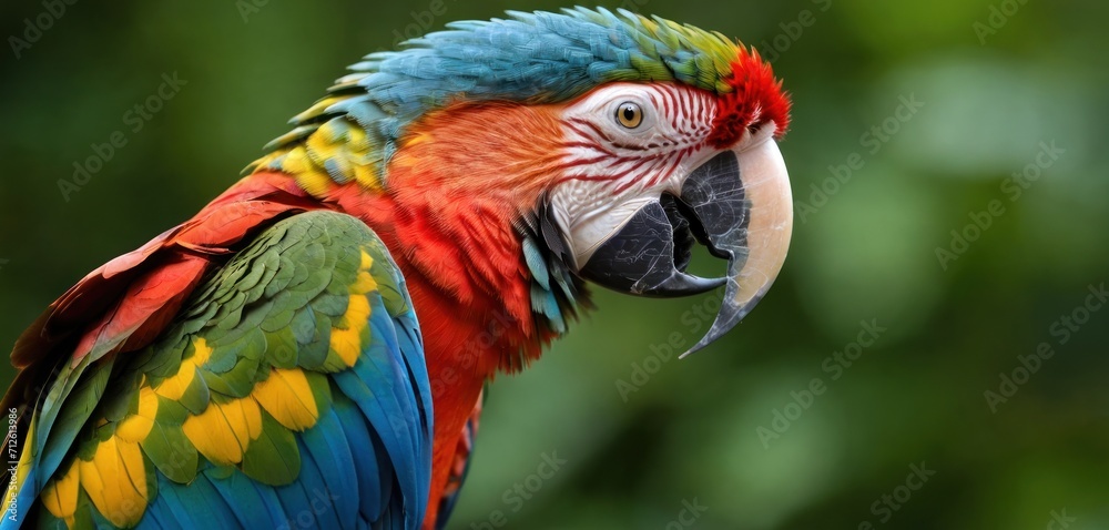  a close up of a colorful bird with a long beak and a large beak with a large, colorful bird on it's head, with green leaves in the background.