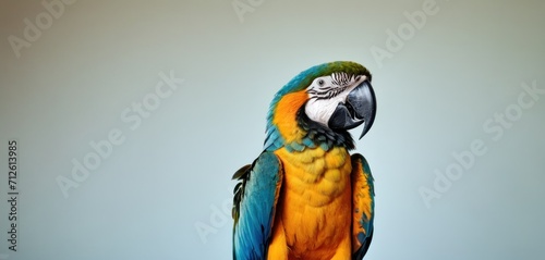  a colorful parrot sitting on top of a wooden table next to a gray wall with a blue and yellow parrot sitting on top of it's head looking to the side.