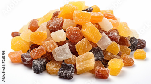 Heap of candied fruit pieces close up isolated on white background, sweet dried pineapples, oranges and papayas in sugar syrup, used as filling in confectionery, Generate AI