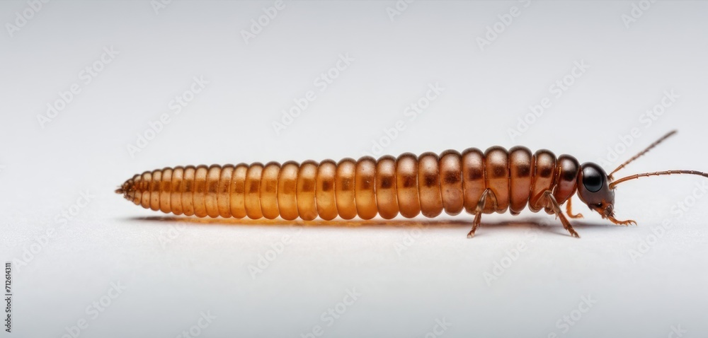 a close up of a brown insect on a white surface with a black stripe on the side of the insect's body and a long, long, brown body. a close up of a brown insect on a white surface with a black stripe on the side of the insect's body and a long, long, brown body.