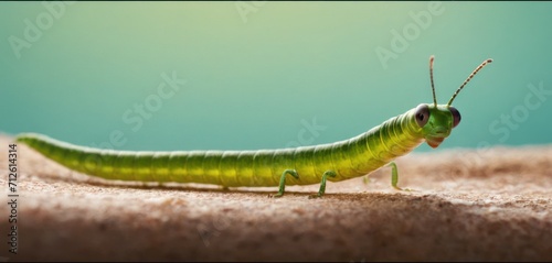 a close up of a green caterpillar on a sandy surface with a blue sky in the backgrounnd of the image and a light blue sky in the background.