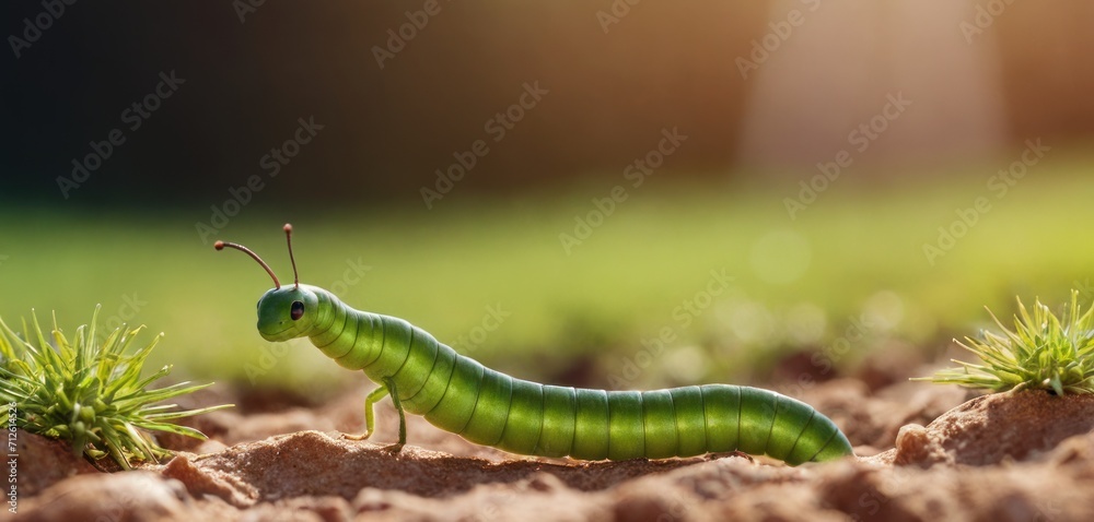 a green caterpillar sitting on top of a patch of dirt next to a small green plant on top of a dirt ground with grass growing sprouts. a green caterpillar sitting on top of a patch of dirt next to a small green plant on top of a dirt ground with grass growing sprouts.