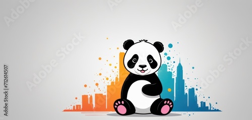  a black and white panda bear sitting in front of a cityscape with splots of paint on it's walls and a rainbow - hued background. photo