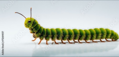  a close up of a green caterpillar on a white surface with a reflection of the caterpillar on the side of the body of the caterpillar.