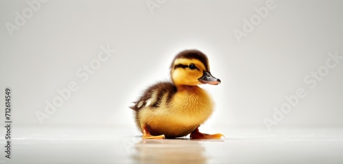  a small duck sitting on top of a white floor next to a white wall with a reflection of the duck on it s back end of the duckling.