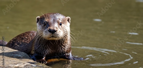  a close up of an otter in a body of water with its head above the water's surface, with a rock in the foreground, and a rock in the foreground.