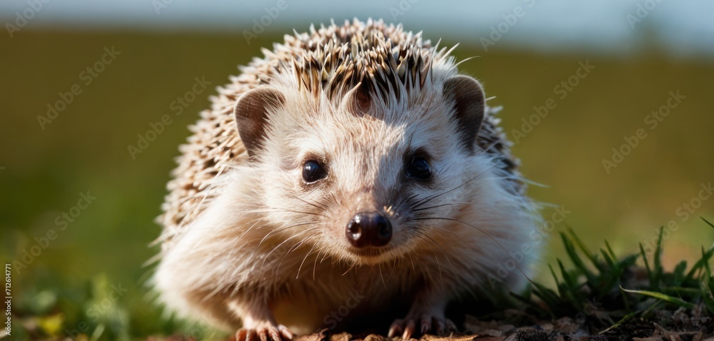 a close up of a hedgehog on a field of grass with grass in the background and grass in the foreground, with a blurry sky in the background. a close up of a hedgehog on a field of grass with grass in the background and grass in the foreground, with a blurry sky in the background.