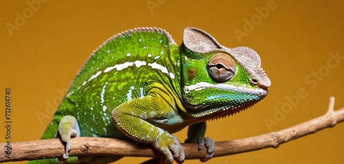  a close up of a green chamelon sitting on a branch with a brown wall in the back ground behind it and a yellow wall behind the chamelon.