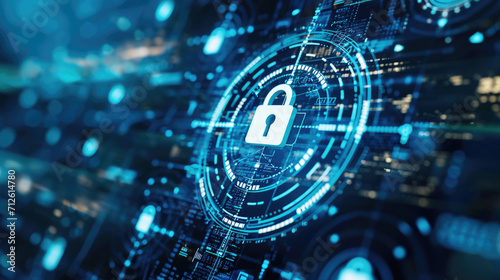 Padlock icon within a complex interface of cyber security network lines and glowing dots, symbolizing data protection, encryption, and information security.