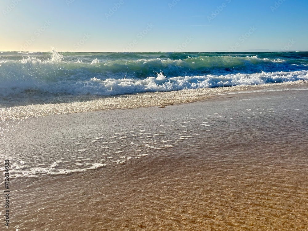 Sand beach, sea coastline, pure blue sky, natural seascape background, no people