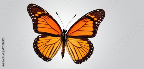  a close up of a butterfly flying in the air with it's wings spread open and it's head turned to the side, with a white background.