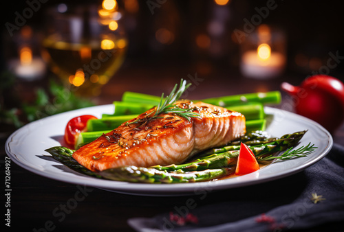 salmon with asparagus and tomatoes in marinade