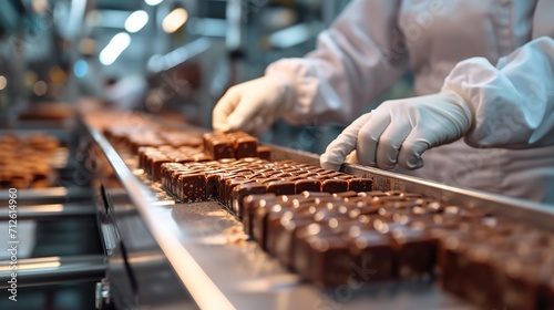 In an industrial facility for chocolate making, employees gather and package chocolates, Generative AI.