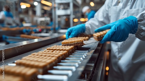 In an industrial facility for chocolate making, employees gather and package chocolates, Generative AI. photo